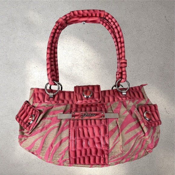Guess Handbags - Guess Zebra Print Canvas Y2k‎ Shoulder Bag Purse Pink Animal Print Vintage
